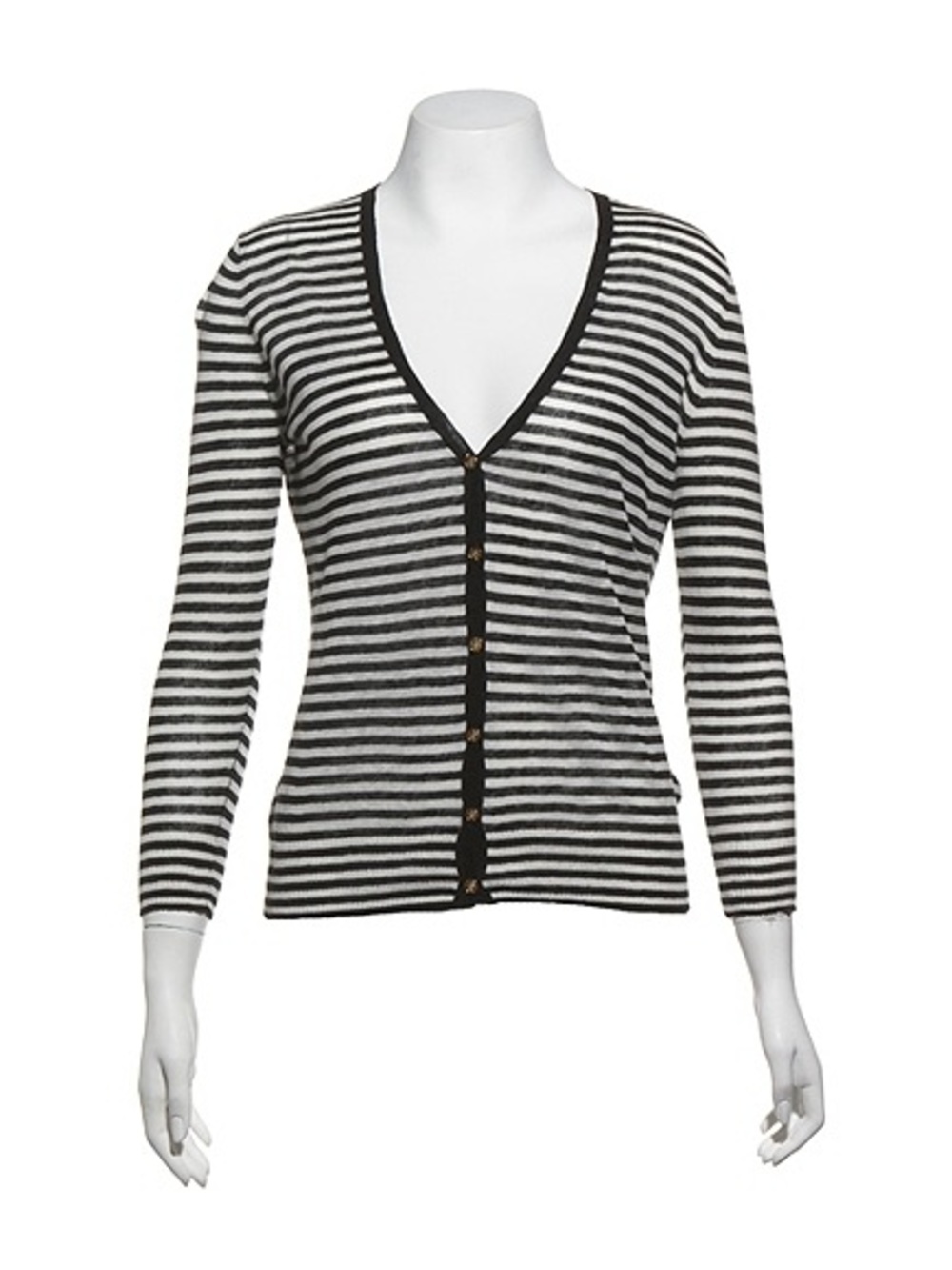 Tory Burch Black & White Striped V‑Neck Button Dabney Cardigan